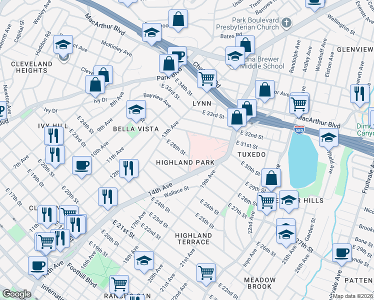 map of restaurants, bars, coffee shops, grocery stores, and more near 2821 Vallecito Place in Oakland