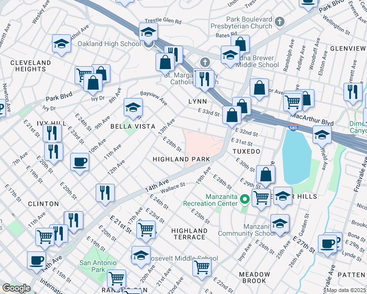 map of restaurants, bars, coffee shops, grocery stores, and more near 2821 Vallecito Place in Oakland
