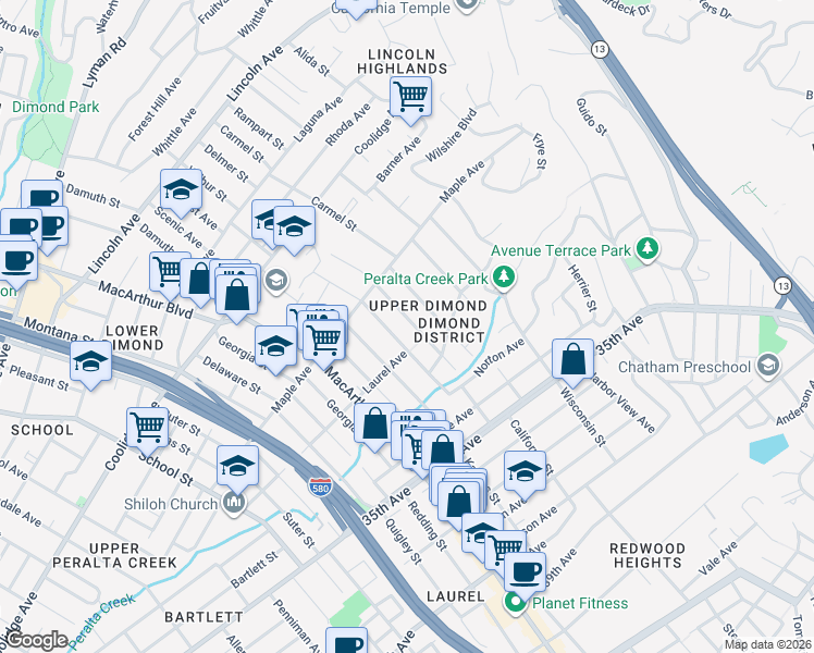 map of restaurants, bars, coffee shops, grocery stores, and more near 3081 California Street in Oakland