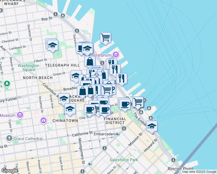 map of restaurants, bars, coffee shops, grocery stores, and more near 650 Davis Street in San Francisco