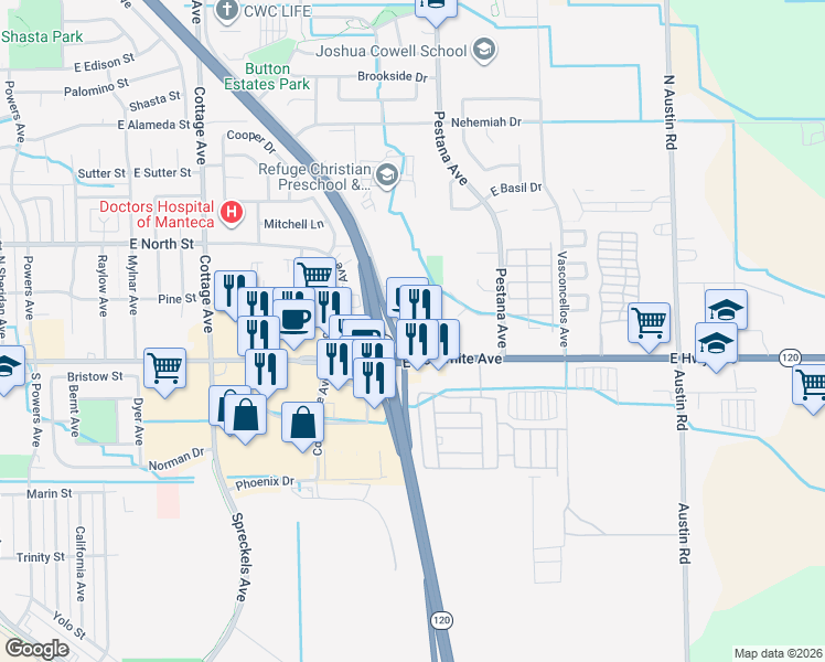 map of restaurants, bars, coffee shops, grocery stores, and more near E Yosemite Ave in Manteca