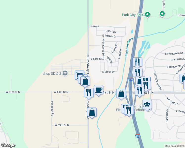 map of restaurants, bars, coffee shops, grocery stores, and more near 6328 North Broadway Street in Park City