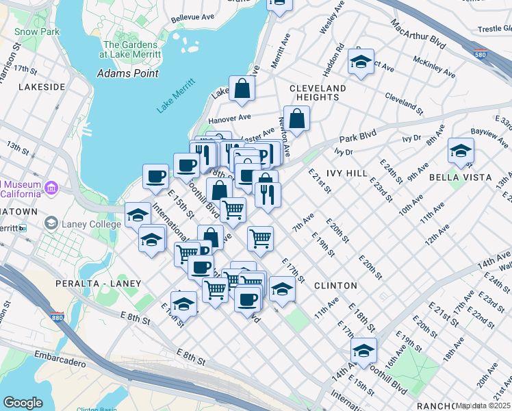 map of restaurants, bars, coffee shops, grocery stores, and more near in Oakland
