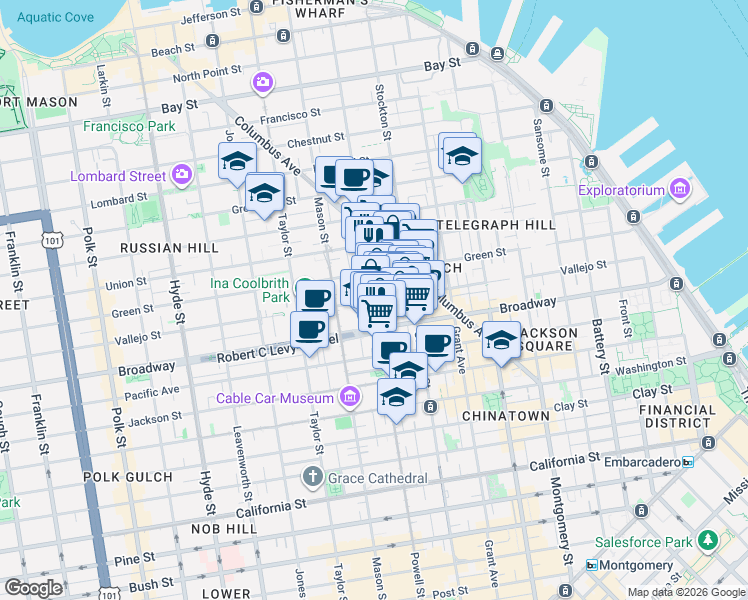map of restaurants, bars, coffee shops, grocery stores, and more near Vallejo St & Powell St in San Francisco