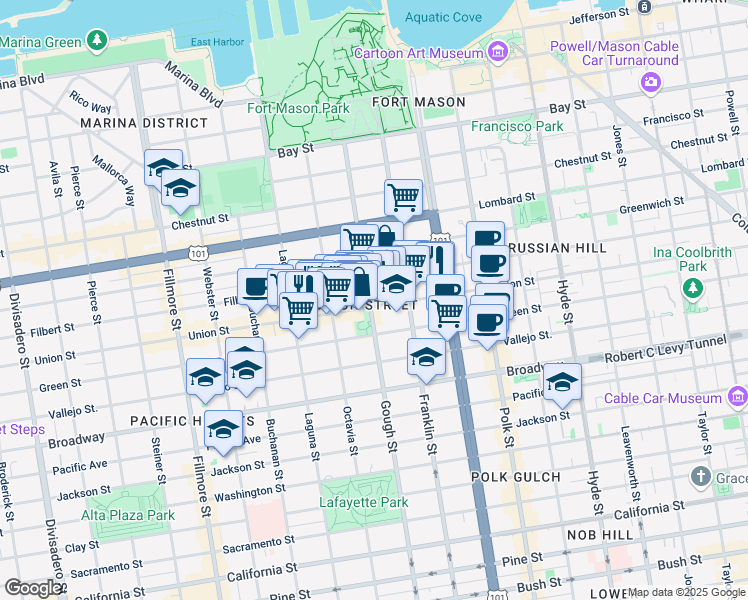 map of restaurants, bars, coffee shops, grocery stores, and more near in San Francisco