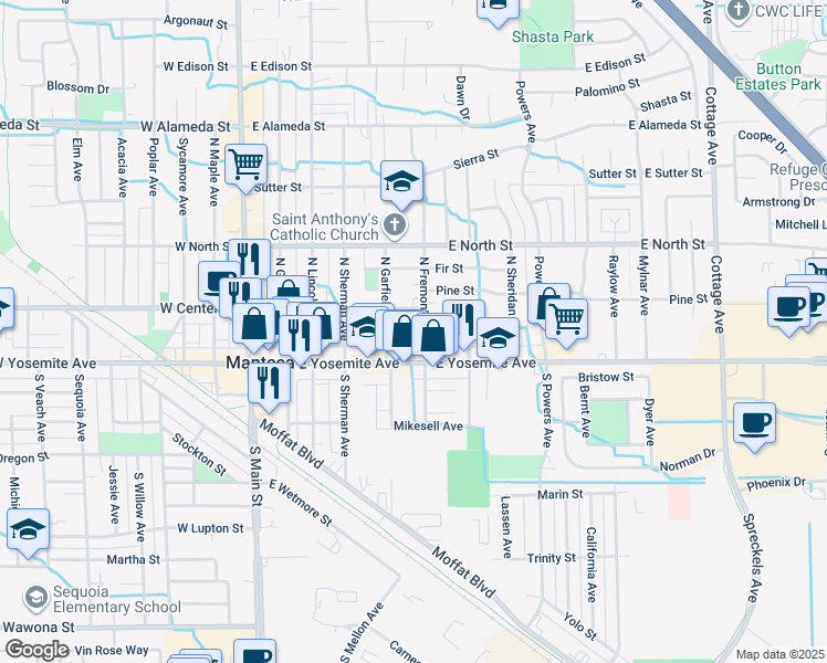 map of restaurants, bars, coffee shops, grocery stores, and more near 128 North Garfield Avenue in Manteca