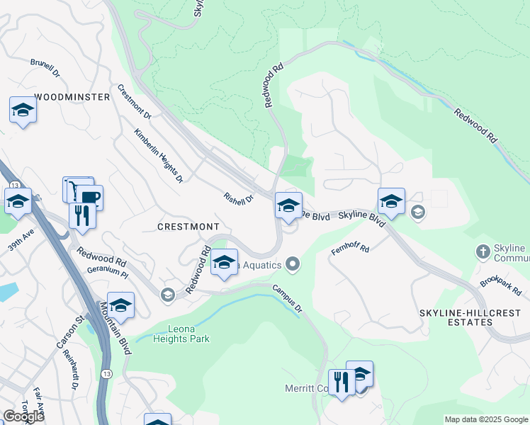 map of restaurants, bars, coffee shops, grocery stores, and more near 11883 Skyline Boulevard in Oakland