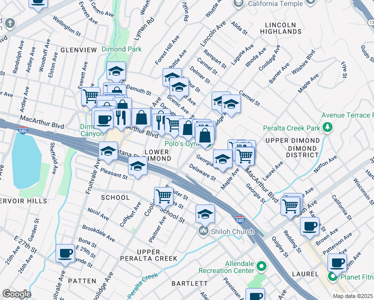 map of restaurants, bars, coffee shops, grocery stores, and more near in Oakland