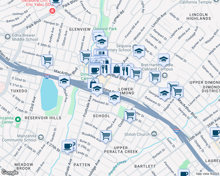 map of restaurants, bars, coffee shops, grocery stores, and more near 2451 Palmetto Street in Oakland