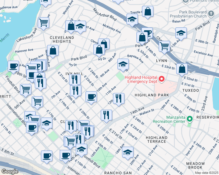 map of restaurants, bars, coffee shops, grocery stores, and more near 2423 11th Avenue in Oakland