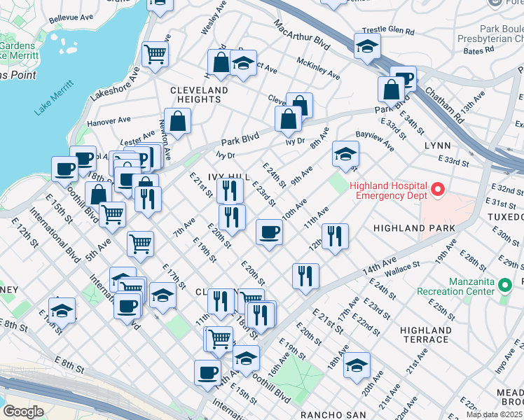map of restaurants, bars, coffee shops, grocery stores, and more near in Oakland