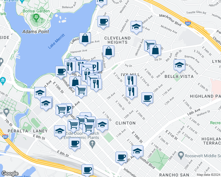 map of restaurants, bars, coffee shops, grocery stores, and more near 1949 7th Avenue in Oakland