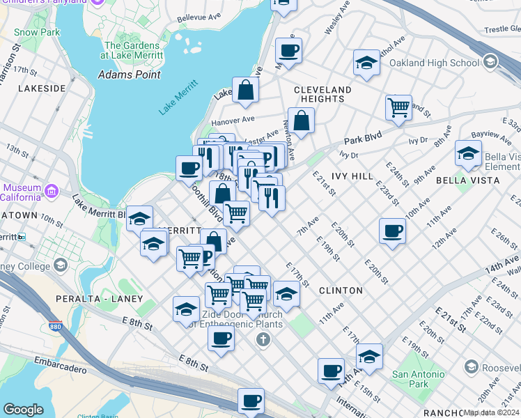 map of restaurants, bars, coffee shops, grocery stores, and more near in Oakland