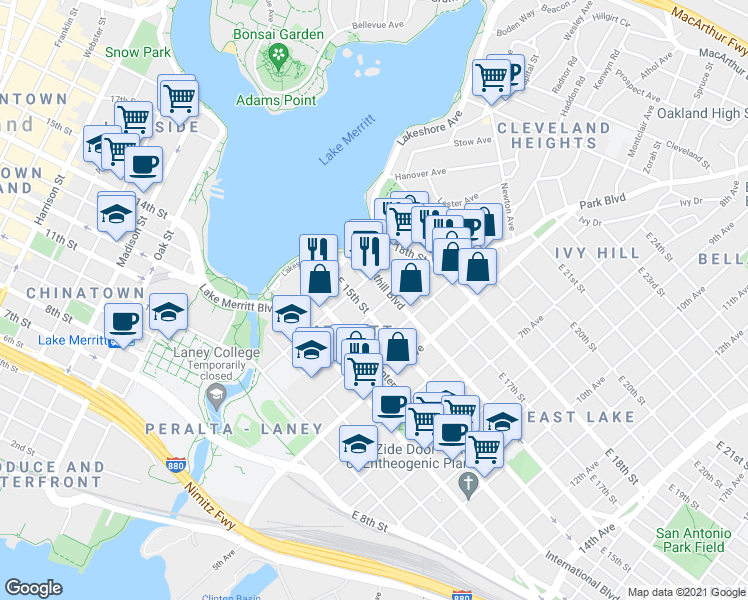 map of restaurants, bars, coffee shops, grocery stores, and more near 1521 3rd Avenue in Oakland
