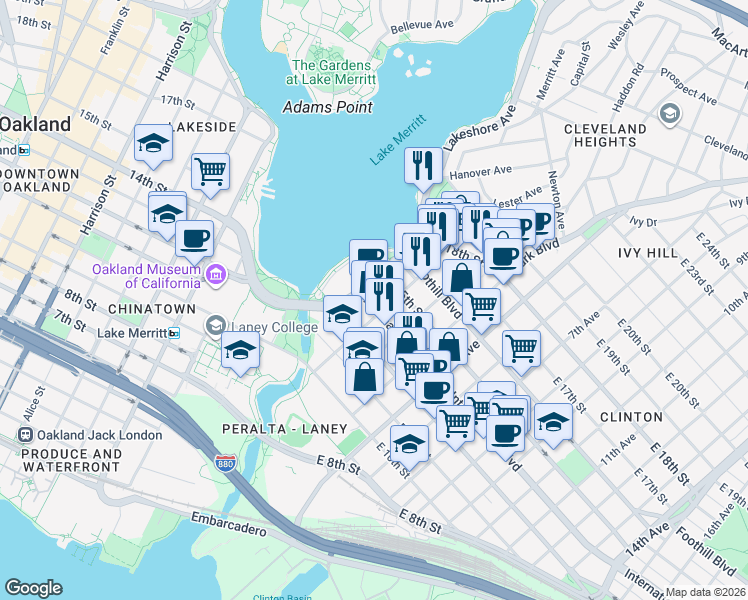 map of restaurants, bars, coffee shops, grocery stores, and more near 1429 2nd Avenue in Oakland