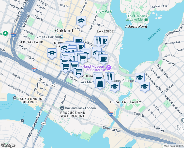 map of restaurants, bars, coffee shops, grocery stores, and more near in Oakland