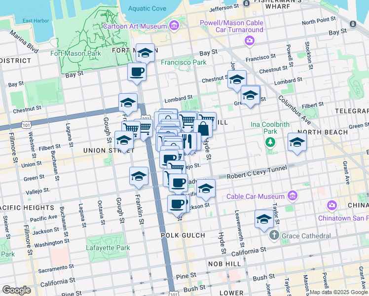 map of restaurants, bars, coffee shops, grocery stores, and more near 2235 Larkin Street in San Francisco