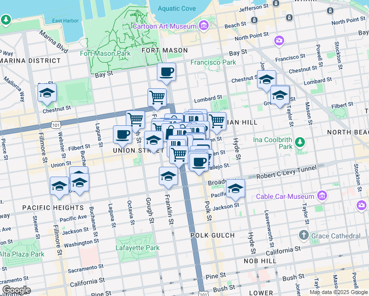 map of restaurants, bars, coffee shops, grocery stores, and more near 2500 Van Ness Avenue in San Francisco