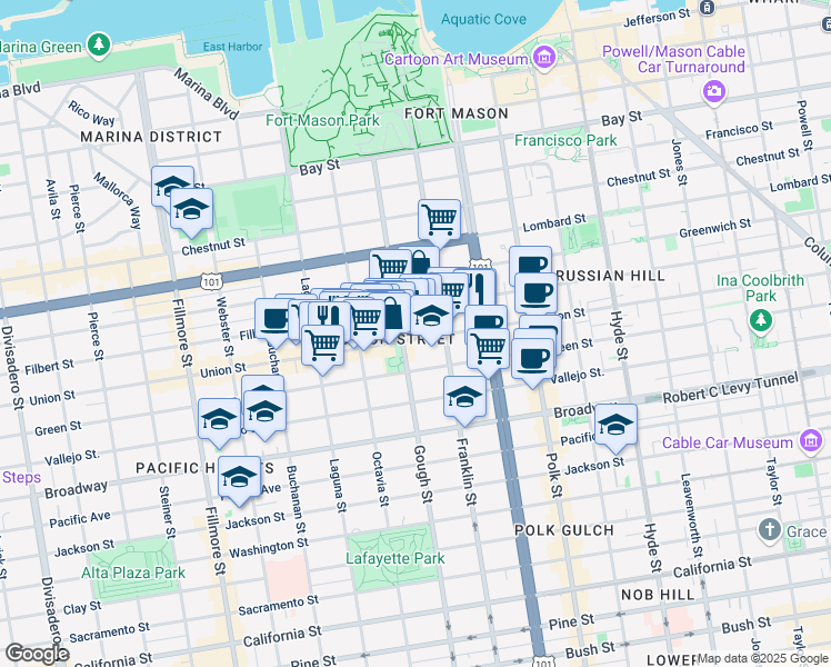 map of restaurants, bars, coffee shops, grocery stores, and more near in San Francisco