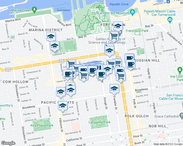map of restaurants, bars, coffee shops, grocery stores, and more near 2826A Octavia Street in San Francisco