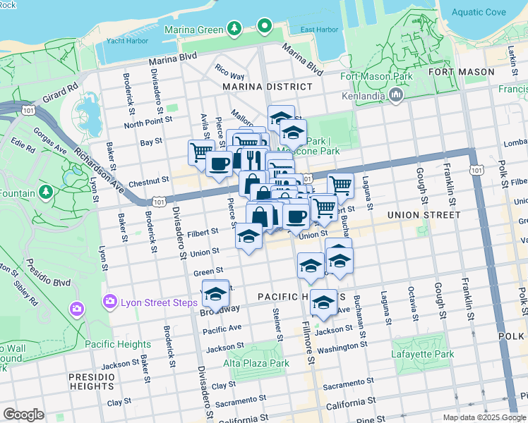 map of restaurants, bars, coffee shops, grocery stores, and more near 3144 Steiner Street in San Francisco