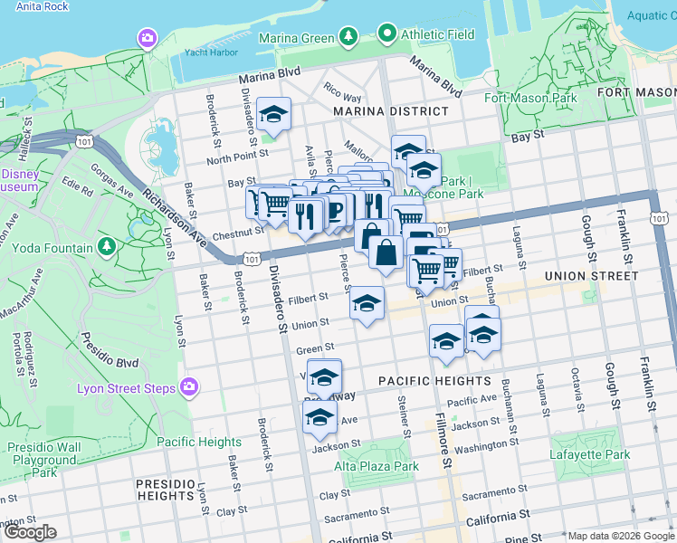 map of restaurants, bars, coffee shops, grocery stores, and more near 2399 Greenwich Street in San Francisco
