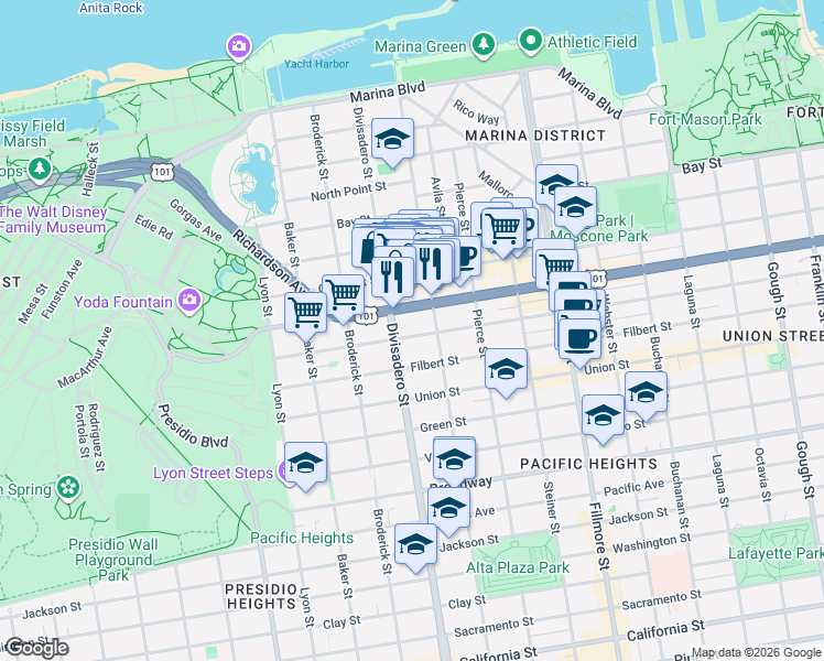 map of restaurants, bars, coffee shops, grocery stores, and more near 2568 Greenwich Street in San Francisco