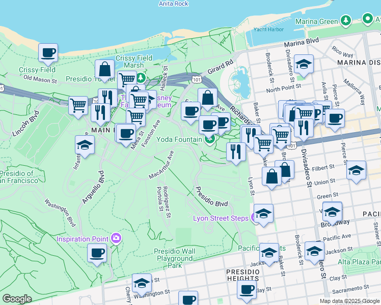 map of restaurants, bars, coffee shops, grocery stores, and more near 549 Presidio Boulevard in San Francisco
