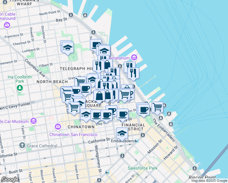map of restaurants, bars, coffee shops, grocery stores, and more near 100 Broadway in San Francisco