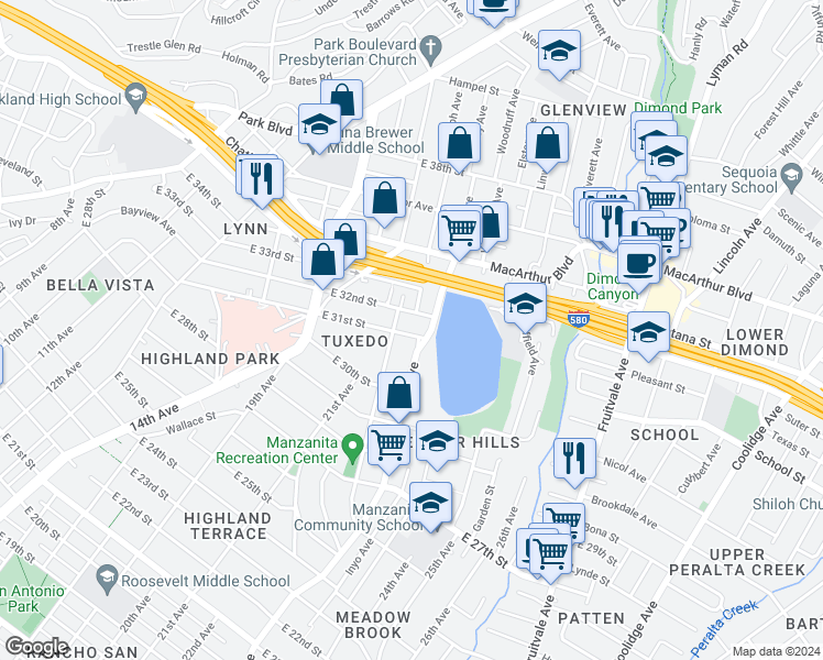 map of restaurants, bars, coffee shops, grocery stores, and more near 2222 East 31st Street in Oakland