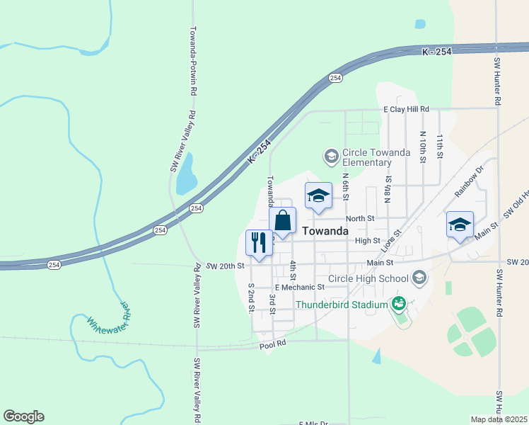 map of restaurants, bars, coffee shops, grocery stores, and more near 311 North 3rd Street in Towanda