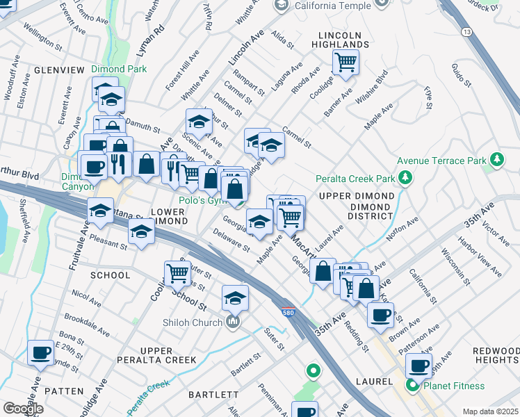 map of restaurants, bars, coffee shops, grocery stores, and more near 2880 MacArthur Boulevard in Oakland