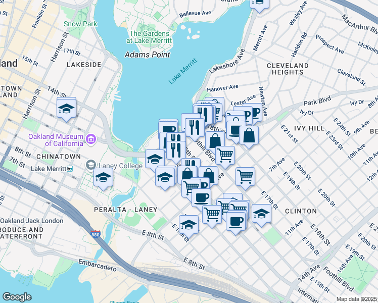map of restaurants, bars, coffee shops, grocery stores, and more near 212 East 15th Street in Oakland