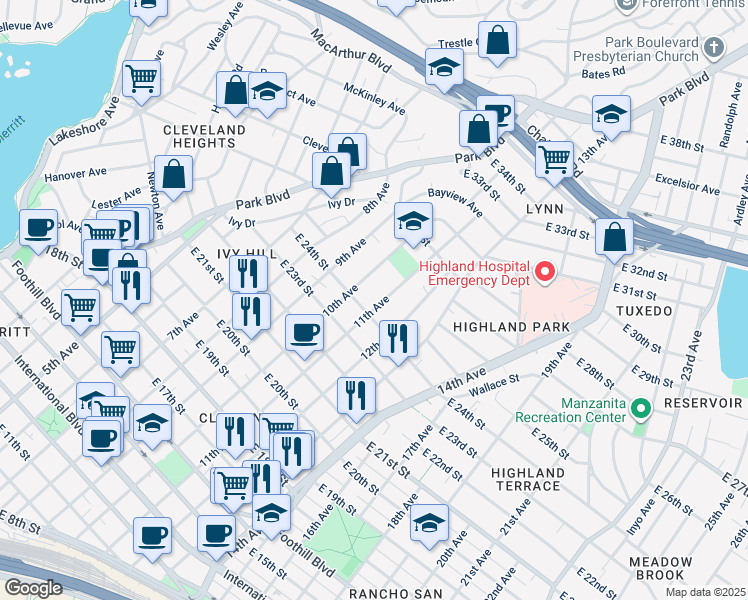 map of restaurants, bars, coffee shops, grocery stores, and more near 2423 11th Avenue in Oakland