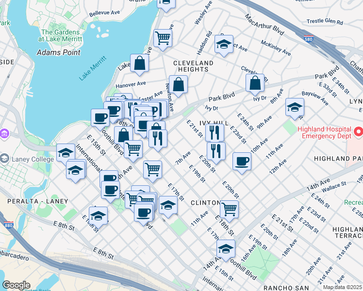 map of restaurants, bars, coffee shops, grocery stores, and more near 1949 7th Avenue in Oakland