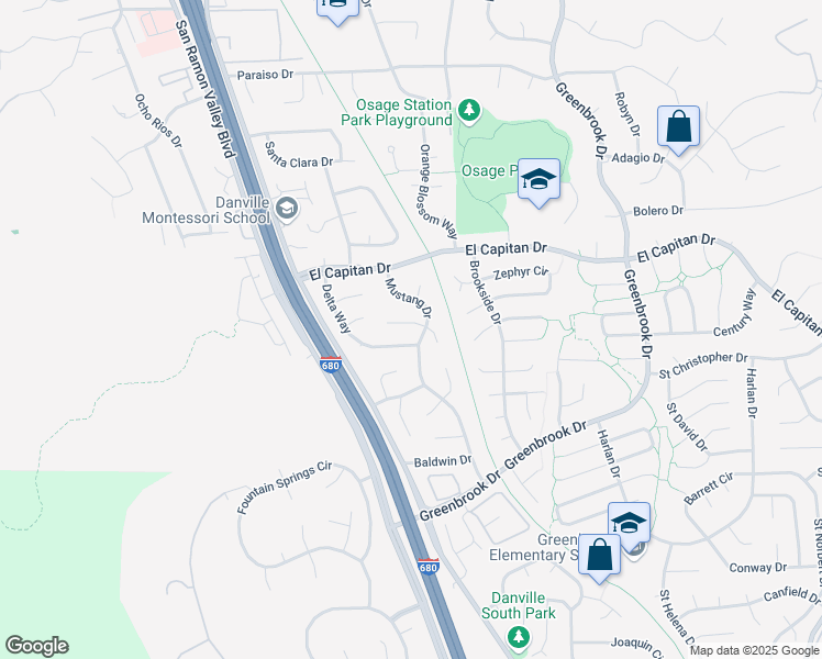 map of restaurants, bars, coffee shops, grocery stores, and more near 510 Navajo Place in Danville