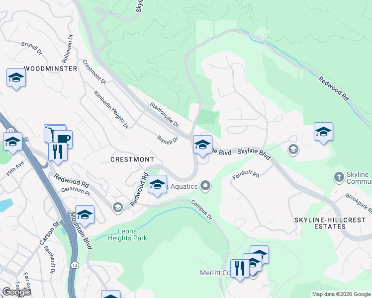 map of restaurants, bars, coffee shops, grocery stores, and more near 11889 Skyline Boulevard in Oakland