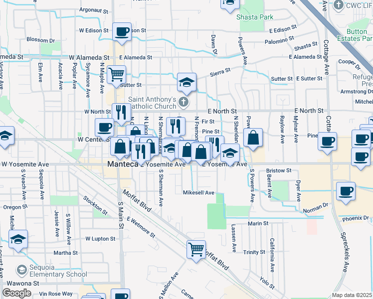 map of restaurants, bars, coffee shops, grocery stores, and more near 128 North Garfield Avenue in Manteca