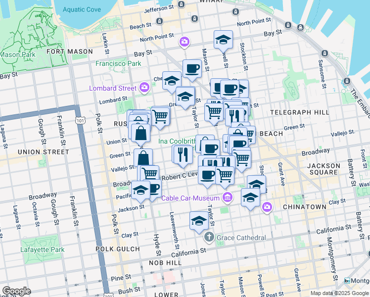 map of restaurants, bars, coffee shops, grocery stores, and more near 999 Green Street in San Francisco