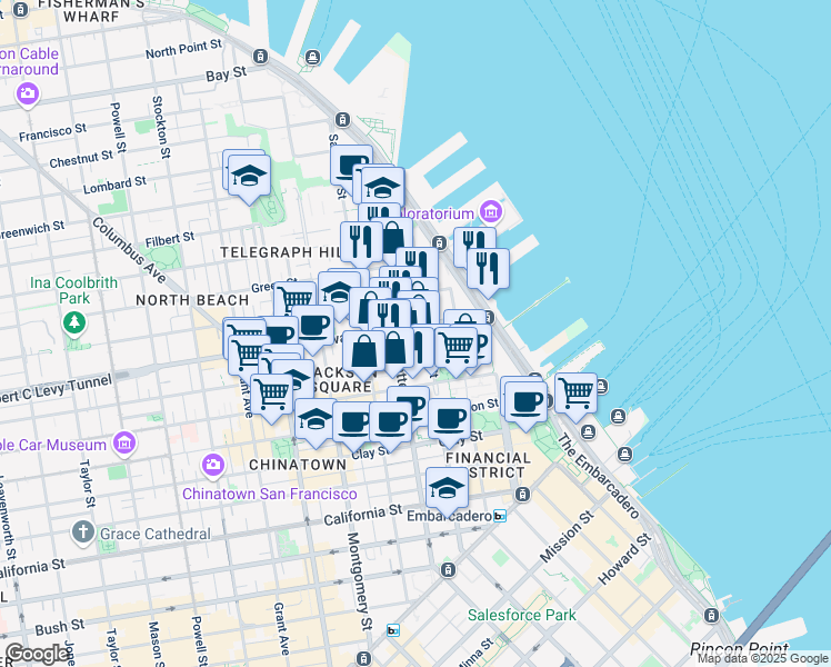 map of restaurants, bars, coffee shops, grocery stores, and more near 747 Front Street in San Francisco