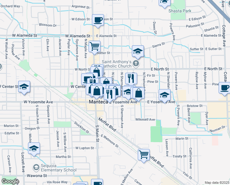 map of restaurants, bars, coffee shops, grocery stores, and more near 126 North Lincoln Avenue in Manteca