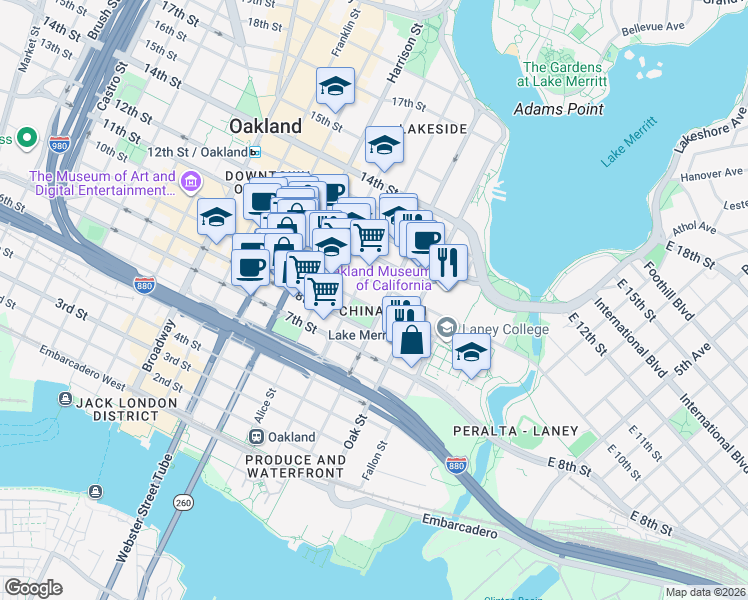 map of restaurants, bars, coffee shops, grocery stores, and more near 2 9th Street in Oakland