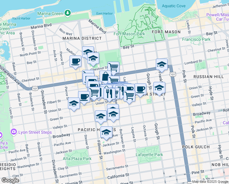 map of restaurants, bars, coffee shops, grocery stores, and more near 2000 Filbert Street in San Francisco