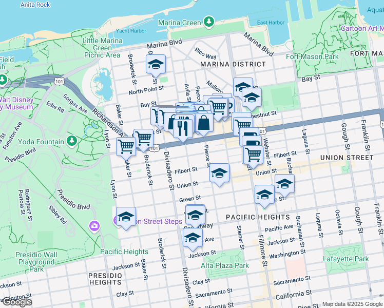 map of restaurants, bars, coffee shops, grocery stores, and more near 2474 Greenwich Street in San Francisco