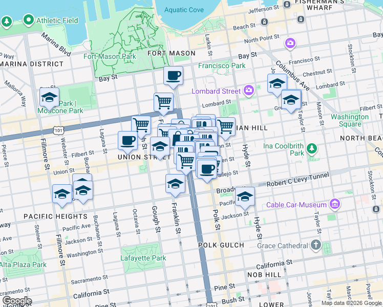 map of restaurants, bars, coffee shops, grocery stores, and more near 1499 Union Street in San Francisco