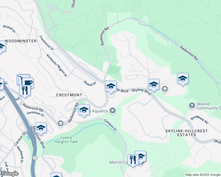 map of restaurants, bars, coffee shops, grocery stores, and more near 11905 Skyline Boulevard in Oakland