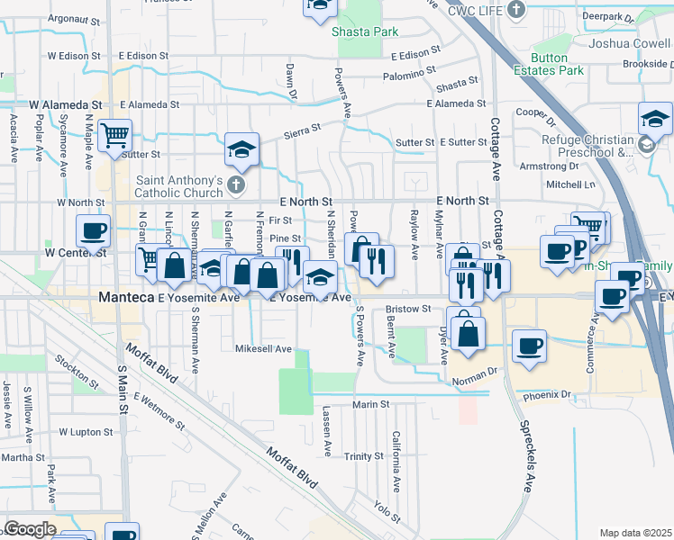 map of restaurants, bars, coffee shops, grocery stores, and more near 150 North Sheridan Avenue in Manteca