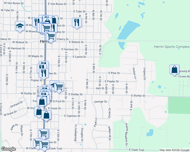 map of restaurants, bars, coffee shops, grocery stores, and more near 508 South 8th Street in Herrin