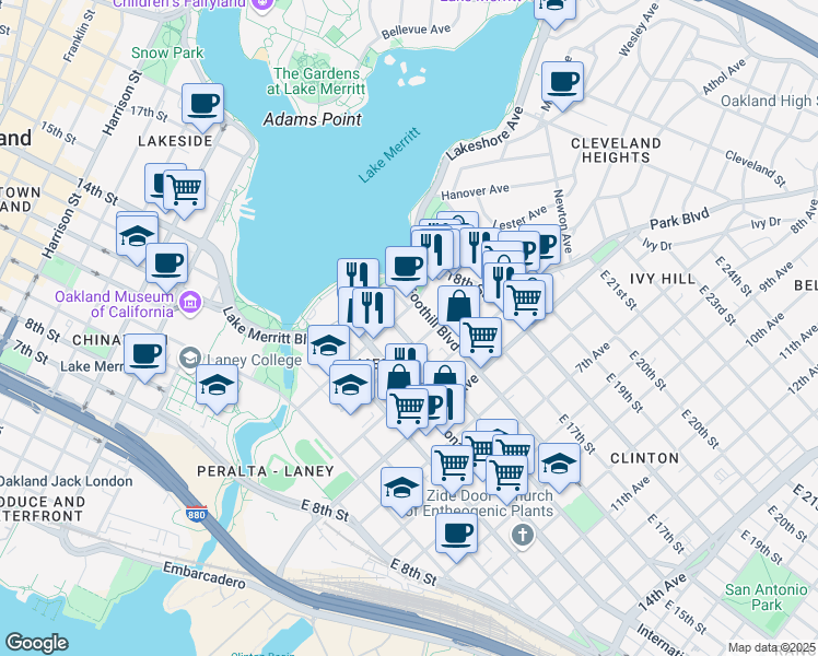 map of restaurants, bars, coffee shops, grocery stores, and more near 220 East 15th Street in Oakland