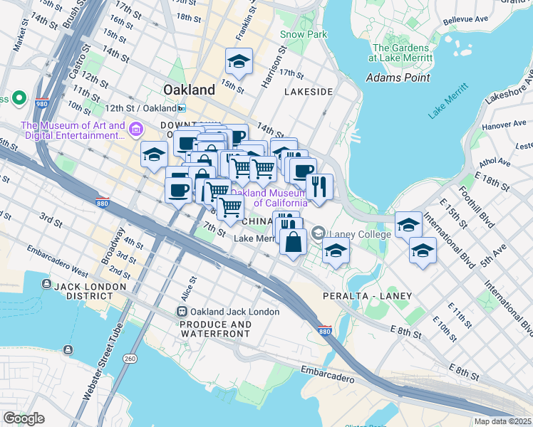 map of restaurants, bars, coffee shops, grocery stores, and more near 160 9th Street in Oakland